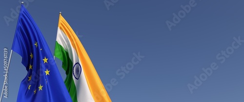 Flags of the European Union and India on flagpoles on sides. Flags on a blue background. Place for text. EU. Indian. 3d illustration.