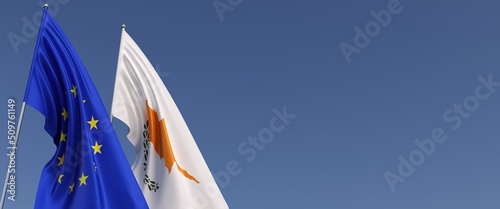 Flags of the European Union and Cyprus on flagpoles on sides. Flags on a blue background. Place for text. EU. Cyprian. 3d illustration.