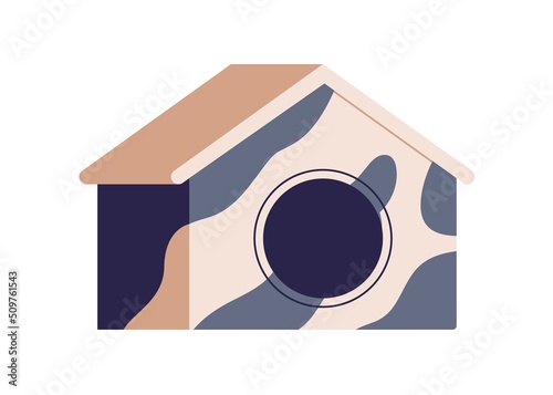 Pet house bed with round hole. Cat home-shaped indoor shelter. Canine, feline furniture. Flat vector illustration of cathouse isolated on white background