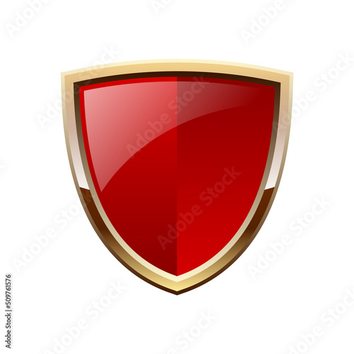 Free Download Red and gold shiny shield. Glowing metallic medieval coat of arms. Luxury heraldic logo element. Protection and safety concept. Place for text. Strong and mighty. Vector illustration, flat, clip art. - GFXLoad