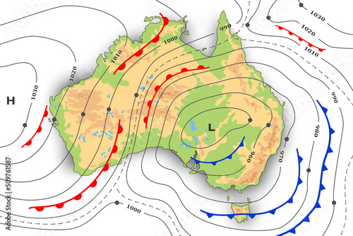 Forecast weather map of Australia. Meteorological, topography and physical map. Template of synoptic map showing of movement fronts cyclone and anticyclone wind in graphic chart, isobars, temperature.