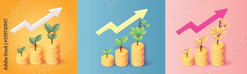 set arrow cion growth money tree coin plant for save money vector 3d banking income business