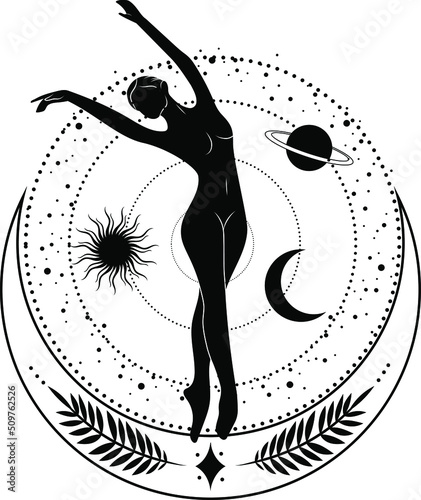 Abstract portrait of a girl, woman. Mystical moon, phases of the moon. Silhouette of a girl. Vector.