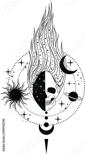 Human skull. Mystical skull. Witch. Moon, stars. Vector illustration.