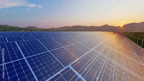 3D animation. Solar panes in a solar park used for clean energy production.
Power plant using renewable solar energy with sun.
Photovoltaic, alternative electricity source - concept of sustainable res