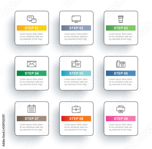 9 data infographics square thin line index template. Vector illustration abstract background.