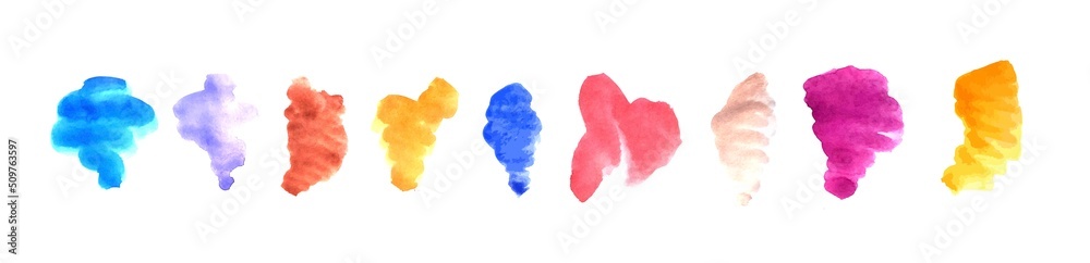 A set of watercolor brushstrokes: pink brushstroke, blue brushstroke, blue, beige, crimson, yellow,orange,purple, purple brushstroke grunge brush. Vector smear. Watercolor spots vector.