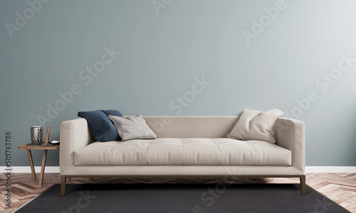 Minimal Interior living room modern style, sofa with green wall background. 3D illustration