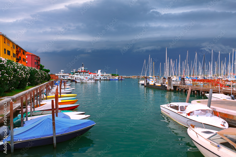  Harbor of sailing club in Venice . Moored yachts in Venezia. Diporto Velico Venezian