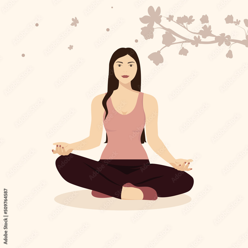 The girl is doing yoga.Flat character. Relaxation concept. Workout sport concept.