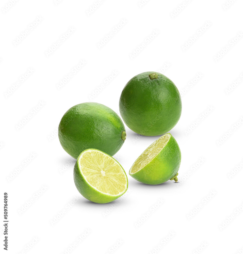 Half with slice of fresh green lime isolated on white background. Half with slice of fresh green lime isolated on white background.
