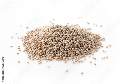 White chia seeds placed on a white background