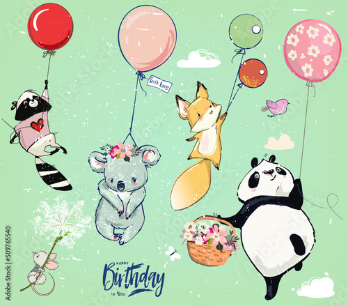 Fox, panda, raccoon and koala bear fly with balloons