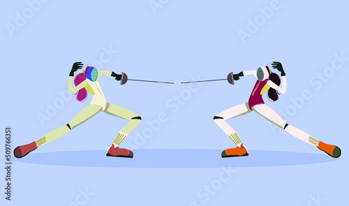 Two people doing fencing illustration.  Fencing championship vector illustration. Vector fencer women.
