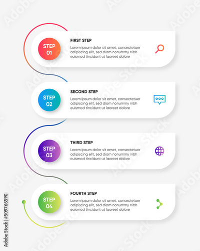 Colorful infographic geometrics steps. Modern 4 steps infographic layout presentation. Orange, blue, purple, and green color options. photo