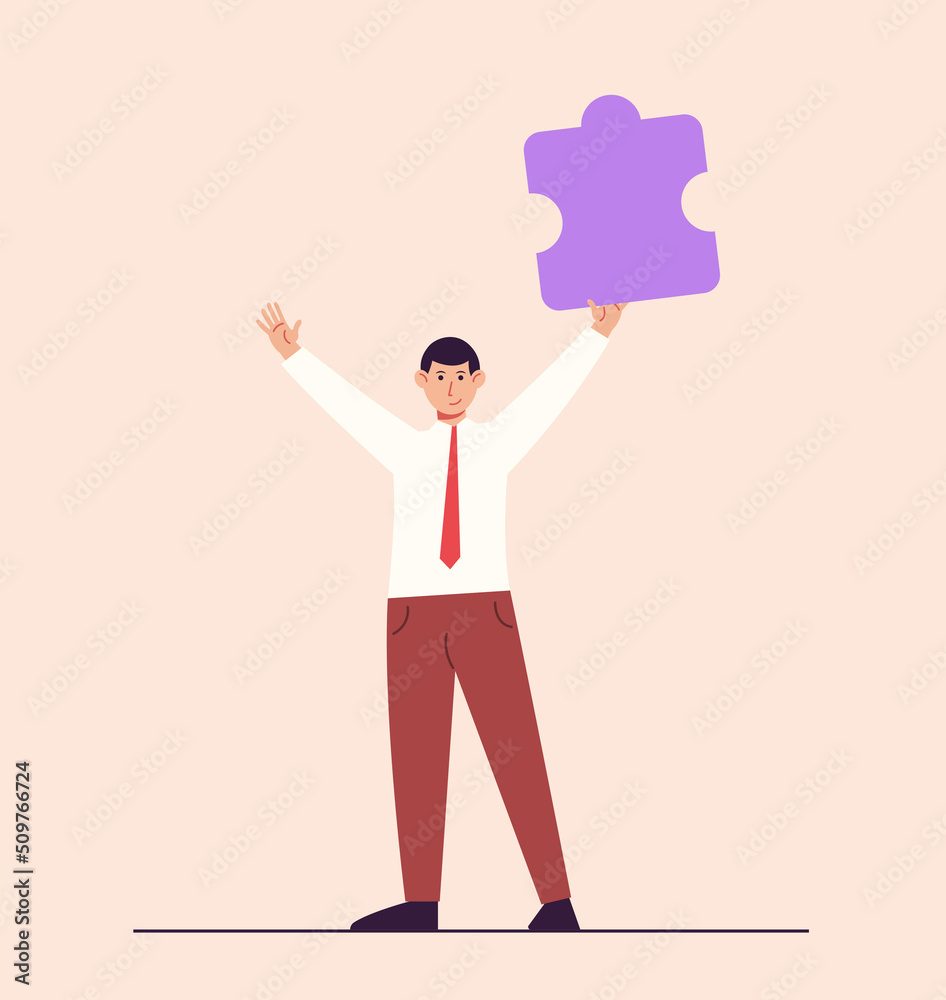 Young smiling man with puzzle. Office character with object. Team work concept man. Vector illustration concept.