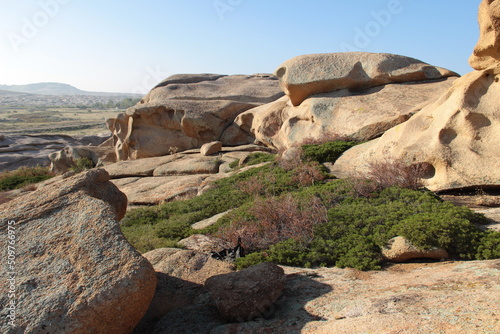 Smooth large volcanic rocks in the Bektau-Ata tract overlooking the valley, green bushes on the rocks, clear sky, summer, sunny