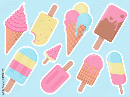 Ice cream stickers. Waffle ice cream and ice cream on a stick. Cute stickers. Vector illustration/
