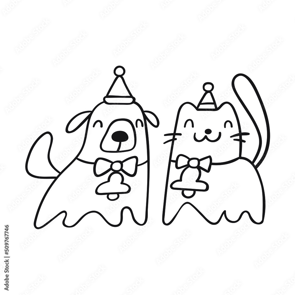 Obraz premium Cat and dog. Christmas party. Outline vector illustration.
