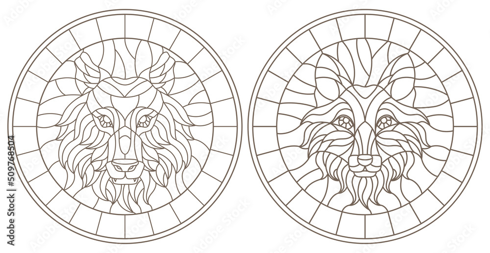 Set of contour stained glass illustrations with fox and wolf heads, round images, dark outline on white background