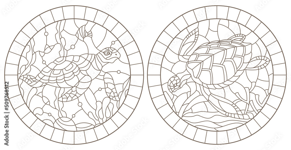 Set of contour illustrations of stained glass Windows with turtles on the background of the seabed, dark contours on a white background