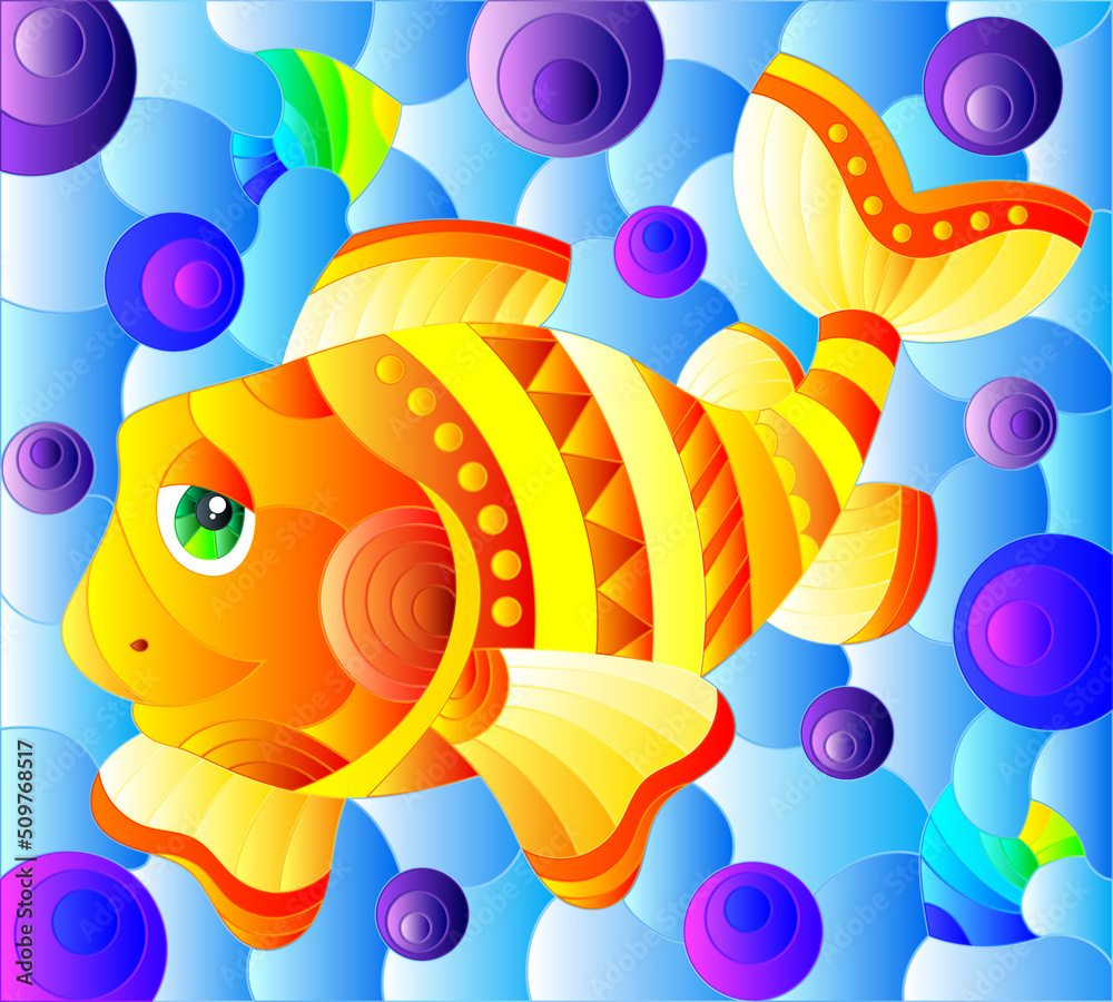 A stained glass illustration with a funny green cartoon clown fish on a blue background, rectangular image