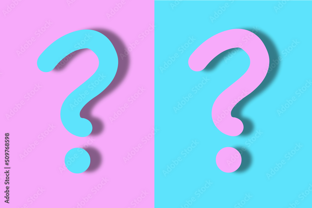two question marks in the colors of light blue and pink two question marks in the colors of light blue and pink