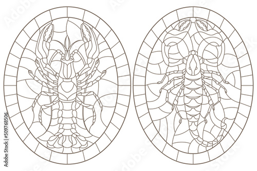 Set of contour illustrations of stained glass Windows with Scorpion and cancer, dark contours on a white background