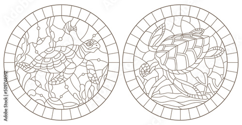 Set of contour illustrations of stained glass Windows with turtles on the background of the seabed, dark contours on a white background