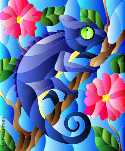 Illustration in stained glass style with bright blue chameleon on plant branches background with leaves and flowers on blue background