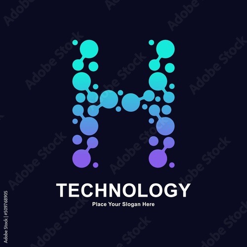Abstract Letter H with molecule element and dots connection vector logo design. This for biotechnology molecule atom DNA chip symbol, Medicine, science, technology, laboratory, electronics