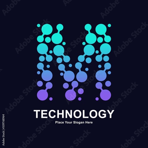 Abstract Letter M with molecule element and dots connection vector logo design. This for biotechnology molecule atom DNA chip symbol, Medicine, science, technology, laboratory, electronics