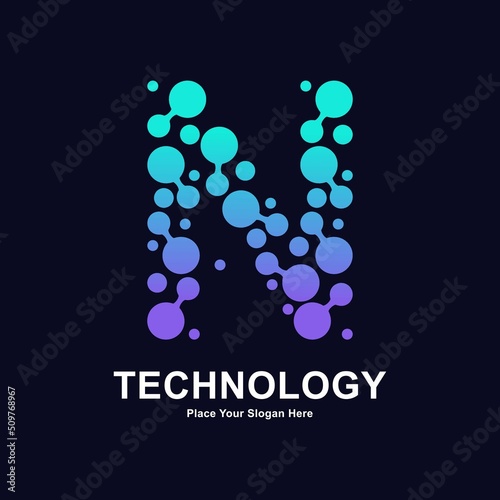 Abstract Letter N with molecule element and dots connection vector logo design. This for biotechnology molecule atom DNA chip symbol, Medicine, science, technology, laboratory, electronics