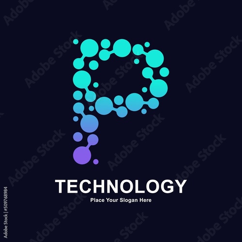 Abstract Letter P with molecule element and dots connection vector logo design. This for biotechnology molecule atom DNA chip symbol, Medicine, science, technology, laboratory, electronics