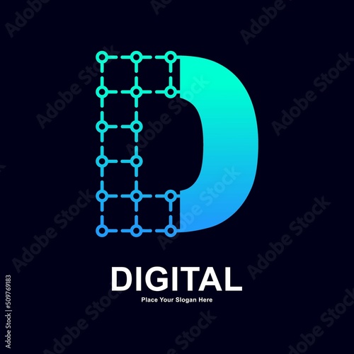 Letter D with dots connection vector logo design. Suitable for biotechnology molecule atom DNA chip symbol, Medicine, science, technology, laboratory, electronic