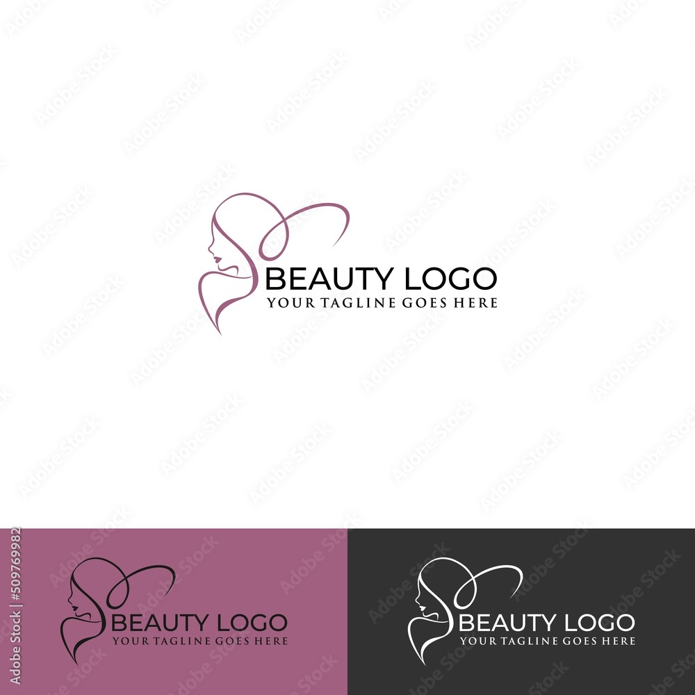 Beauty woman fashion logo. Abstract gold vector template linear style on black background