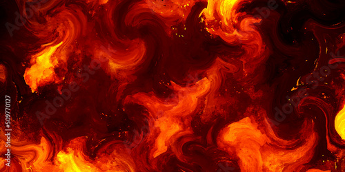 Red and Black Fire flames with Fluid art texture. Abstract background with mixing paint effect. Liquid acrylic picture with beautiful mixed paints background.