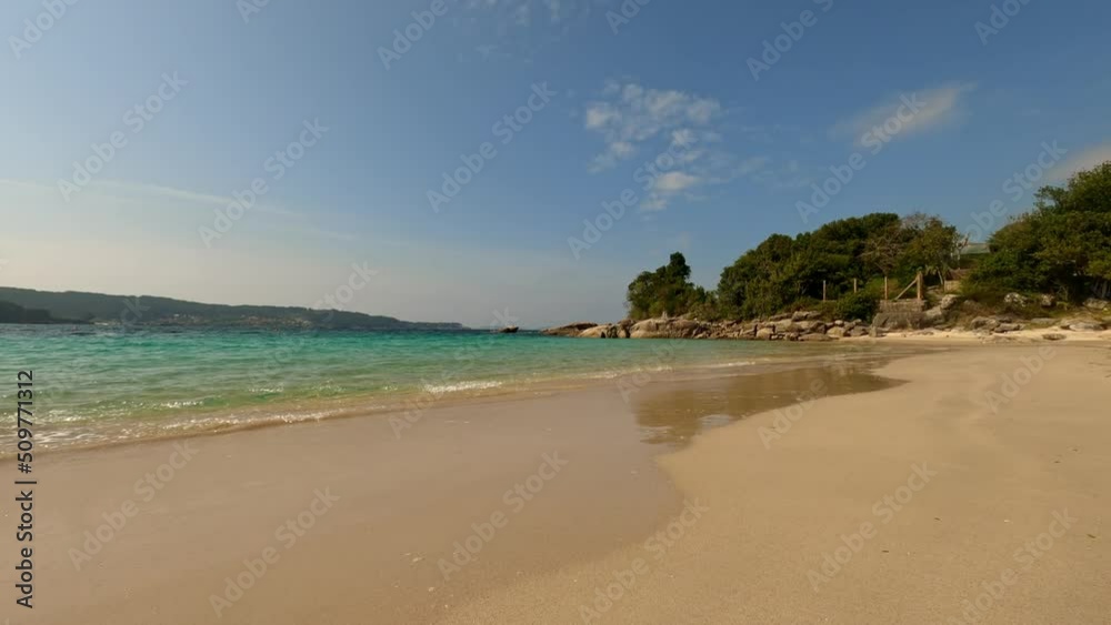Paradisiac sandy beach in Aldan, Pontevedra beaches, dolly in, day Paradisiac sandy beach in Aldan, Pontevedra beaches, dolly in, day