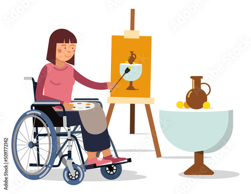 Female artist in wheelchair. Creative disabled person