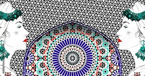 Arabic woman face mosaic video illustration. red blue and green colors. Draw model portait Video animation 4K