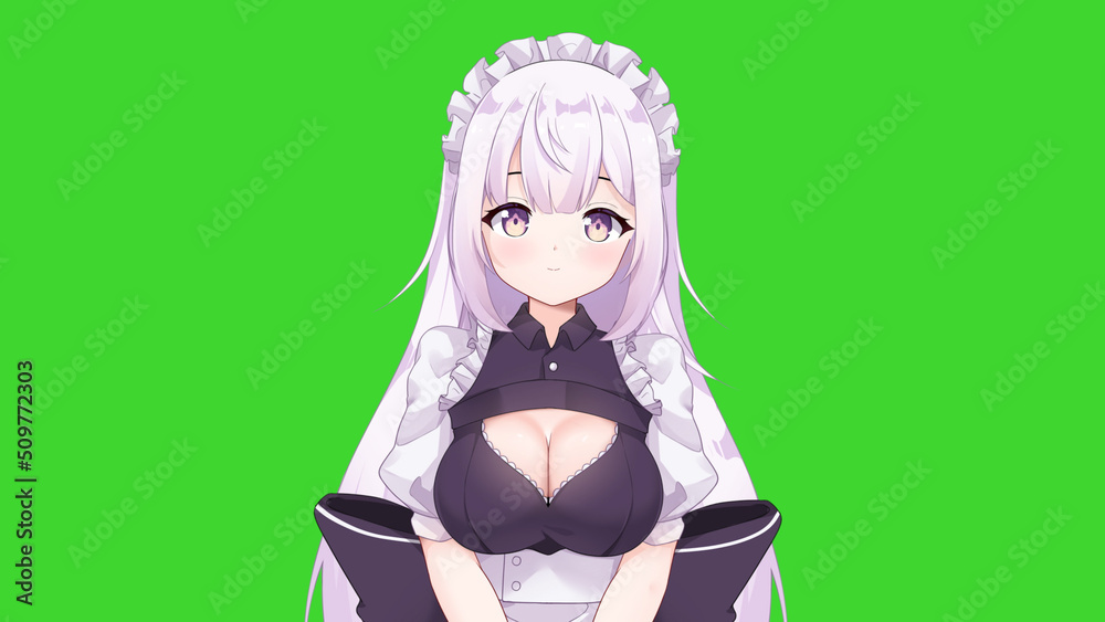 Maid 2D anime girl character portrait on green screen Maid 2D anime girl character portrait on green screen