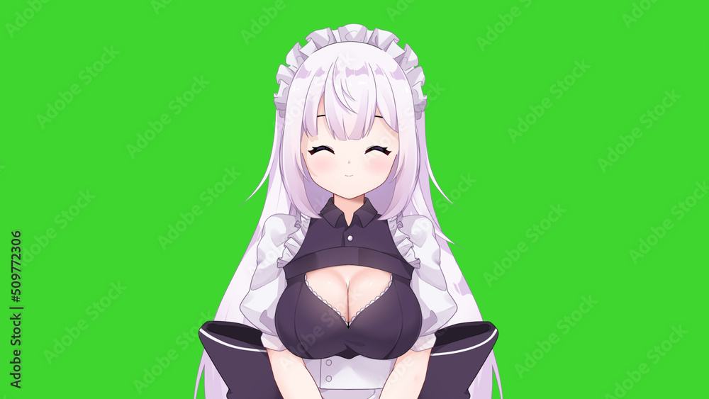 Maid 2D anime girl character portrait on green screen Maid 2D anime girl character portrait on green screen