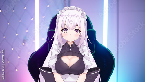 Cute 2D anime maid vtuber streamer interact from neon light cyberspace bedroom