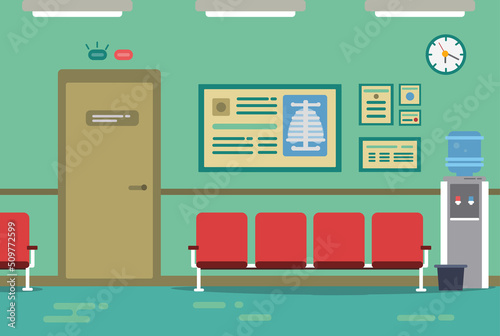 Medical clinic hall with waiting line seat and office door
