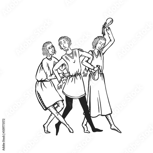 Medieval art drunk fight where man with knife attacks and stabs hanging out friends at party  Vector illustration of alcoholic social issues concept