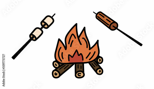Isolated hand drawn campfire and marshmallow. Doodle cute vector stickers for camping, hiking.