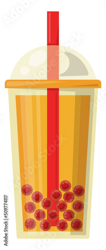 Bubble tea in plastic takeaway cup. Tapioca drink icon