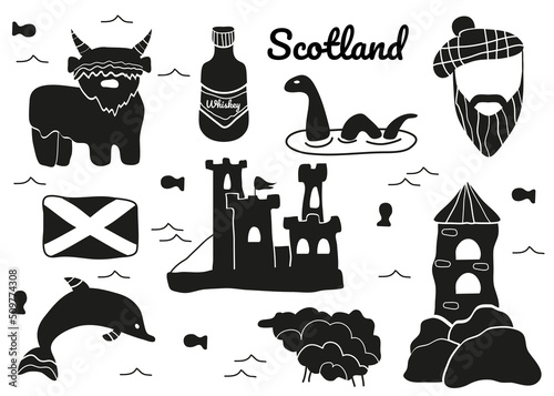 The Scottish set. The background of the vector illustration. Whiskey, yak, fortress, castle, dolphin, sheep, Loch Ness monster, flag, bagpipes, hat, man with beard, fish. Traditions of the country.