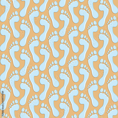 Seamless pattern with footprint, feet, footstep from the water on sand. Vector background.