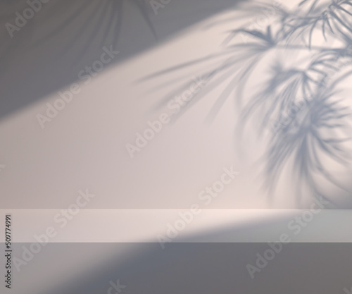 Fototapeta Naklejka Na Ścianę i Meble -  Showcase background with natural hard light and tropical plants shadows. 3d illustration for brand identity banner. Perfect for product presentation, blog, thumbnail, social media post, branding